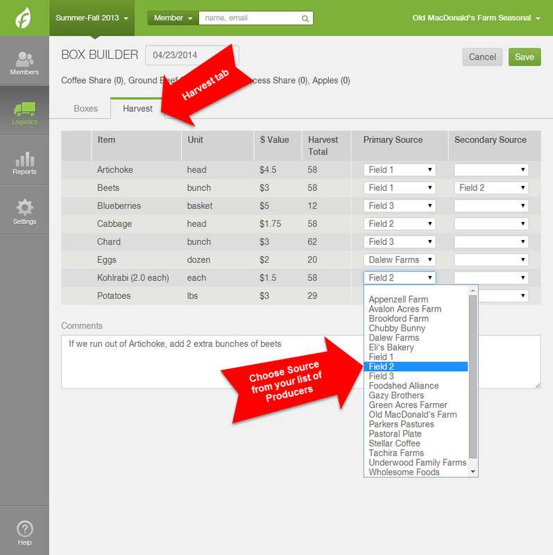 Box Builder Harvest tab showing source selection from producer list
