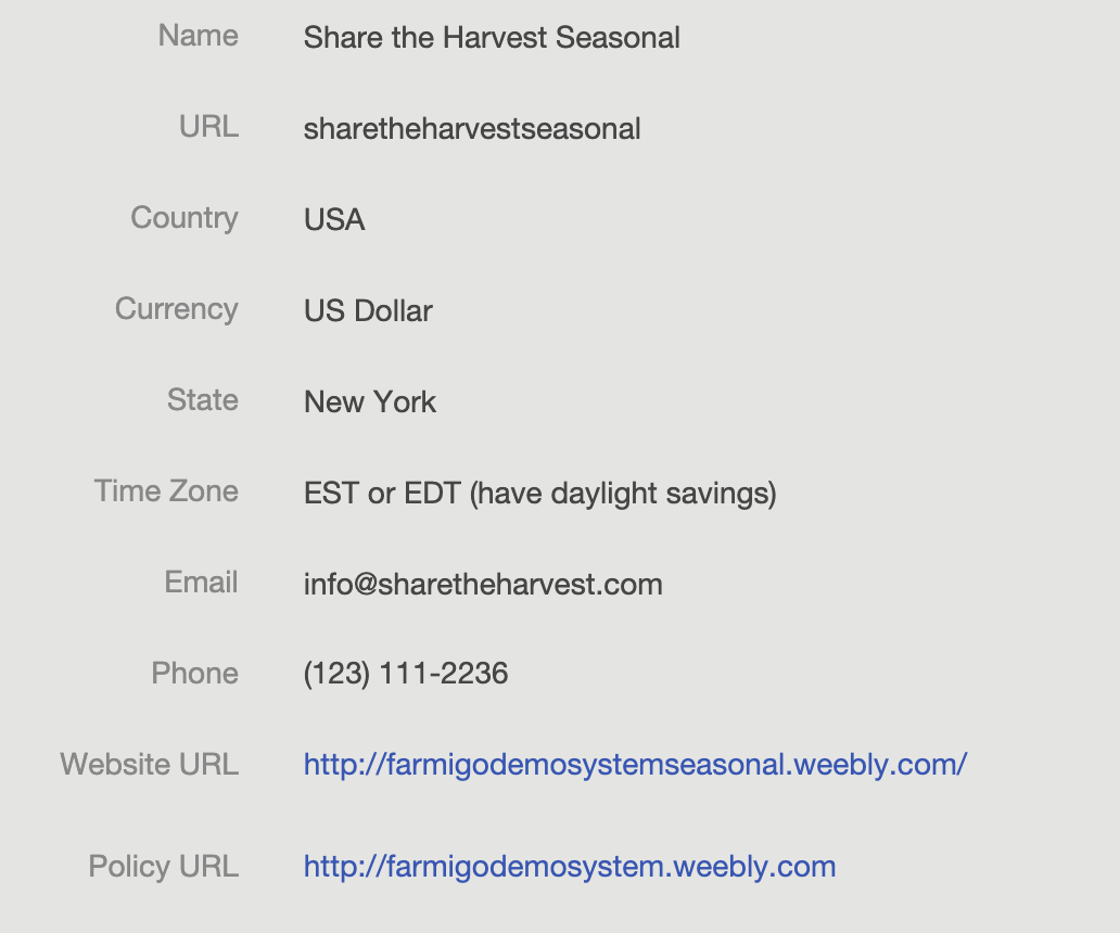 Business Settings form showing Name, URL, Country, Currency, State, Time Zone, Email, Phone, Website URL, and Policy URL fields