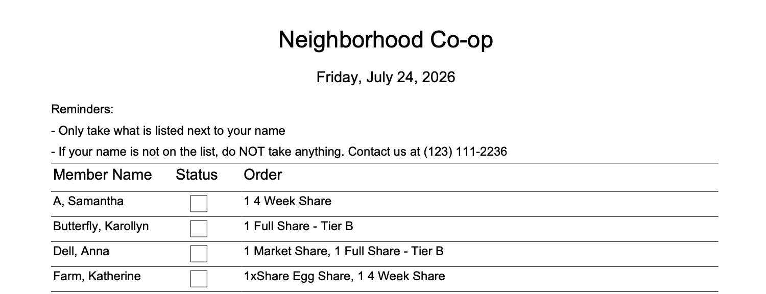 Member Pickup Details report showing Neighborhood Co-op pickup list with member names, status checkboxes, and orders