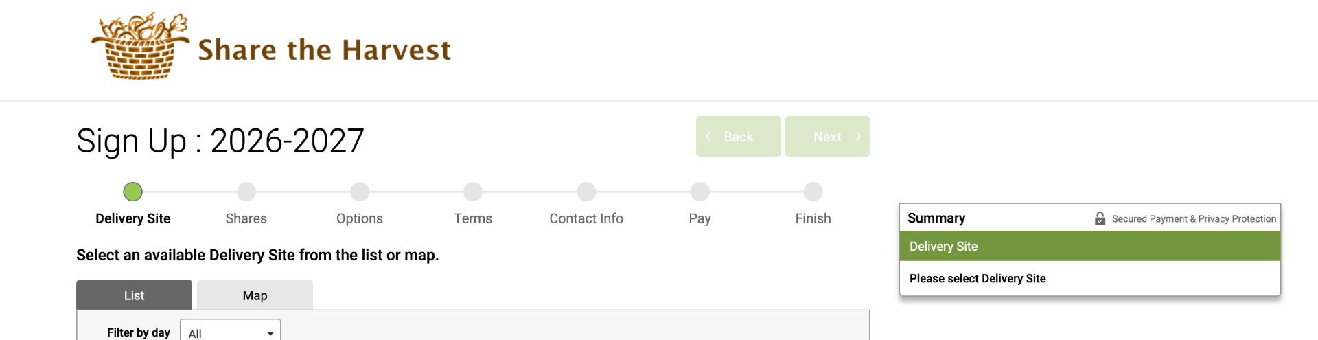 Sign Up page showing the Share the Harvest banner logo and Delivery Site selection step