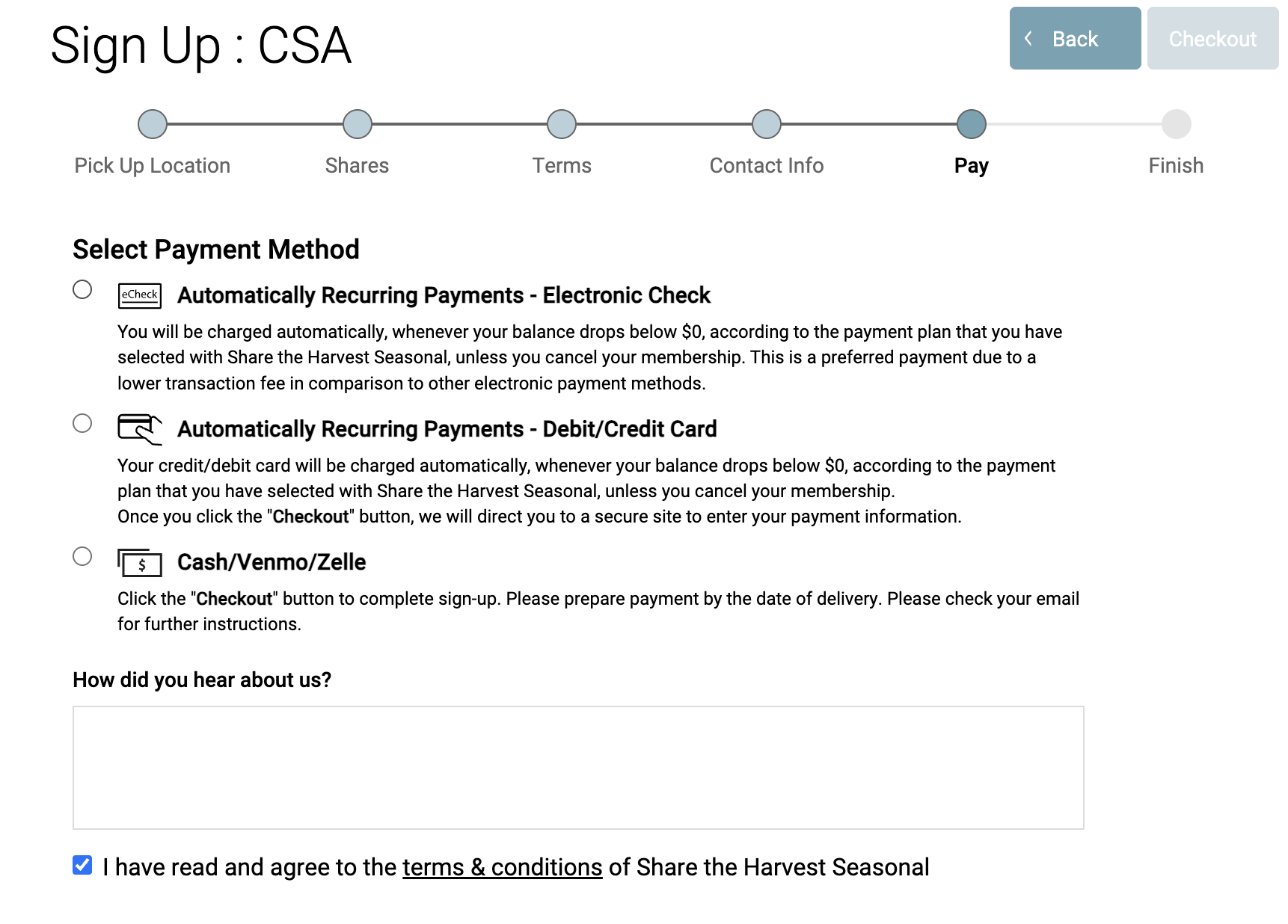 Sign Up payment method selection page showing Electronic Check, Debit/Credit Card, and Cash/Venmo/Zelle options