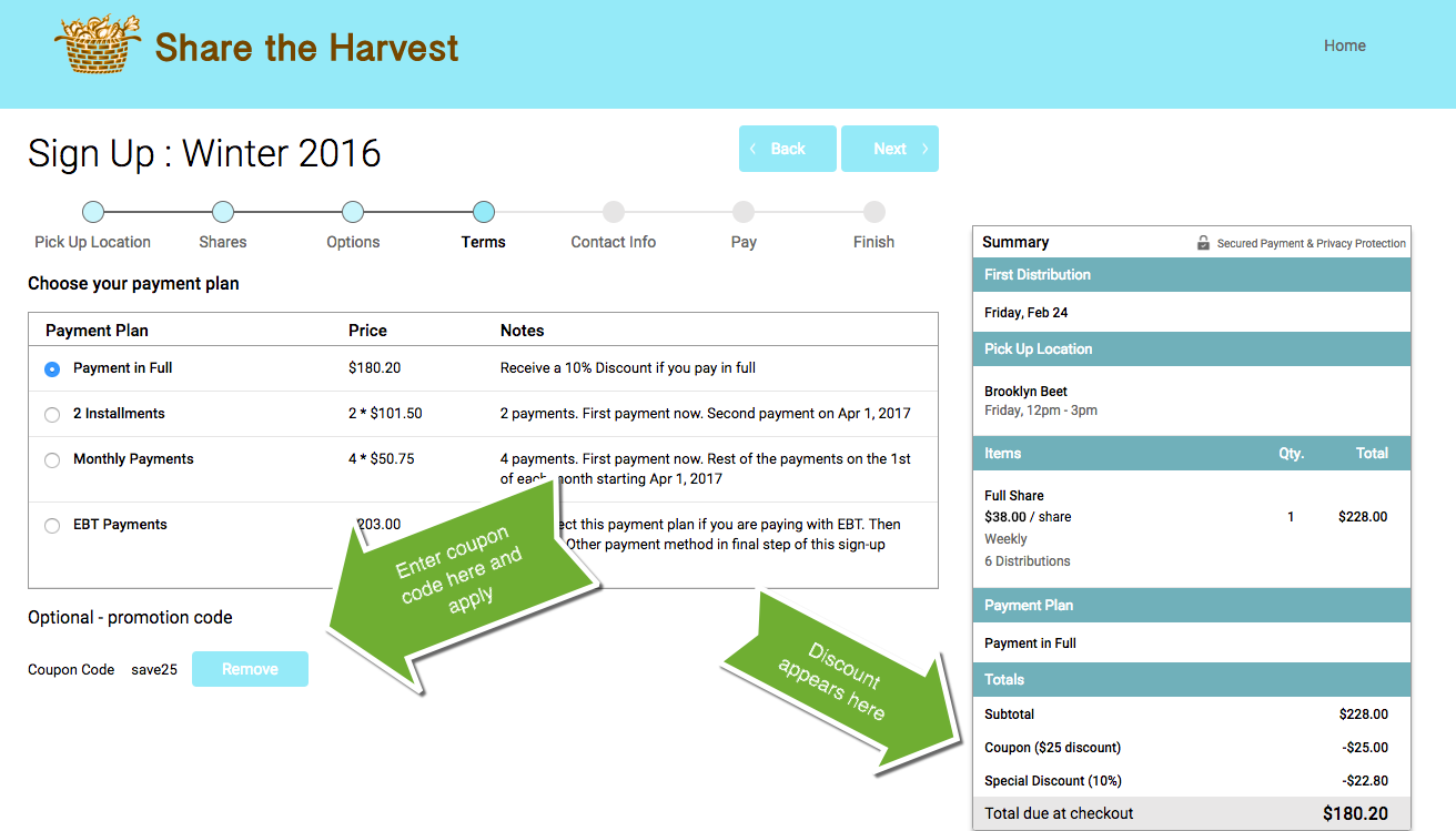 Sign-up page showing where members enter a coupon code and where the discount appears in the order summary