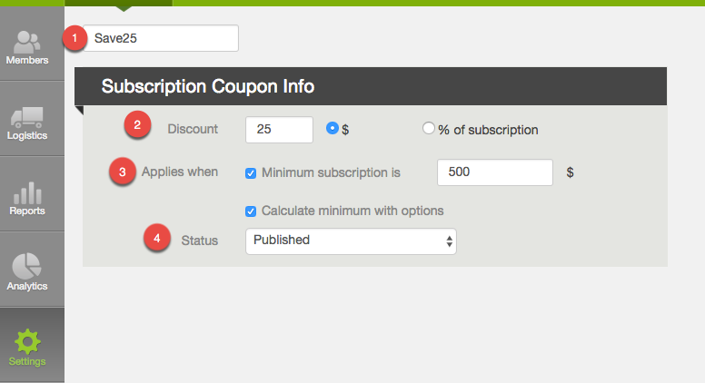 Subscription Coupon Info form showing coupon code, discount, applies when, and status fields