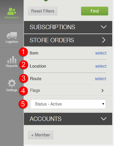 Store Orders filters panel with numbered callouts