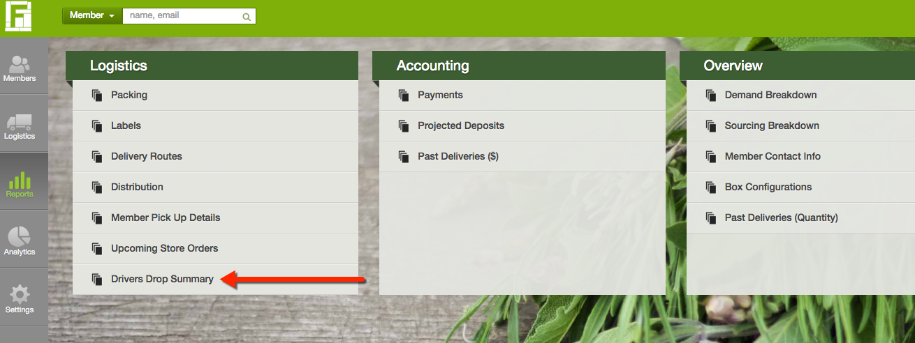 Reports menu showing Driver's Drop Summary location