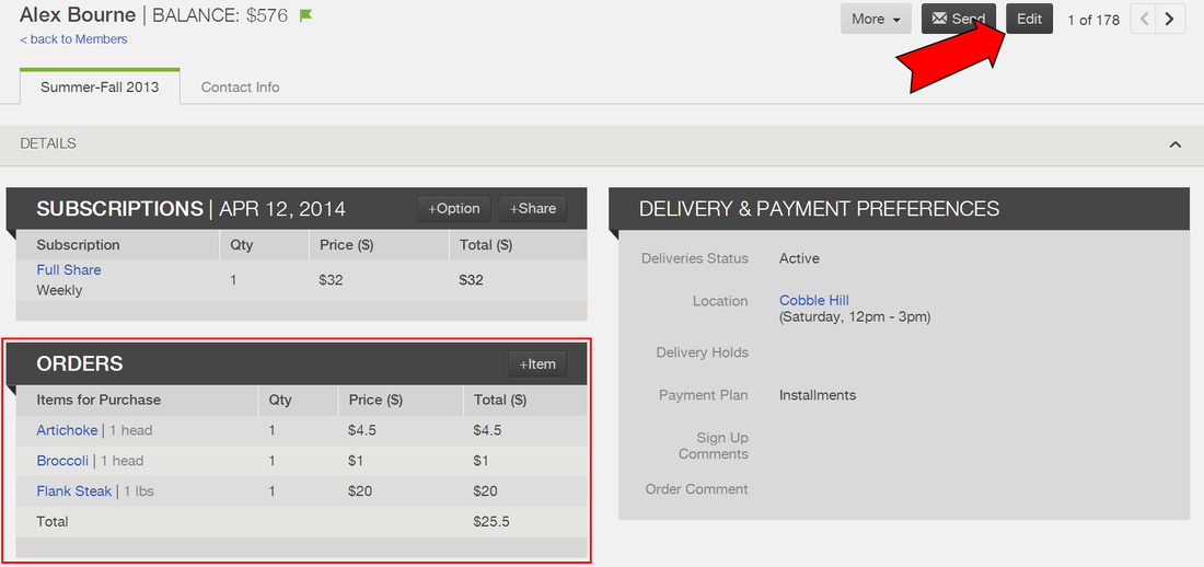 Member page in edit mode showing store order editing options