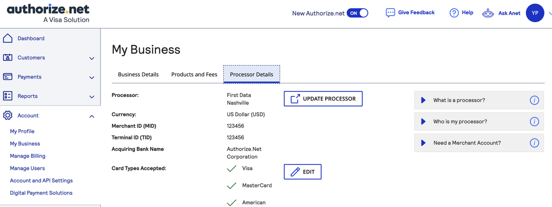 Authorize.net My Business page showing the Processor Details option