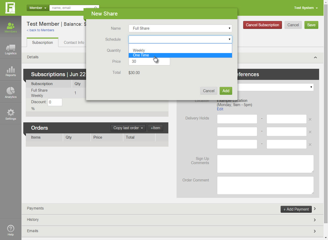 Member subscription dialog showing a share added with the One-time schedule and a selected make-up delivery date
