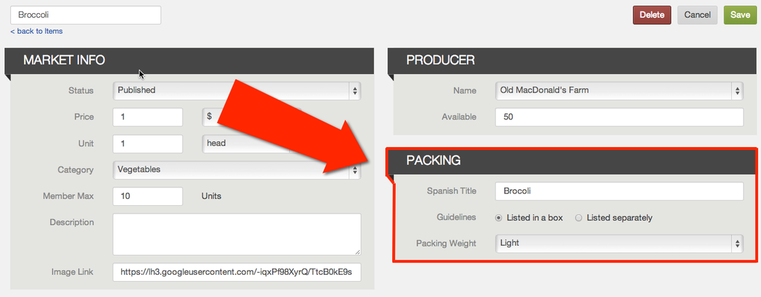 Item page showing packing guidelines and packing weight settings