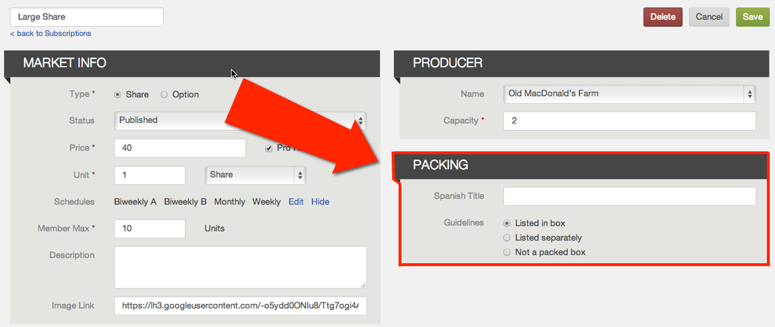 Share page showing the Spanish Title field and the packing Guidelines options