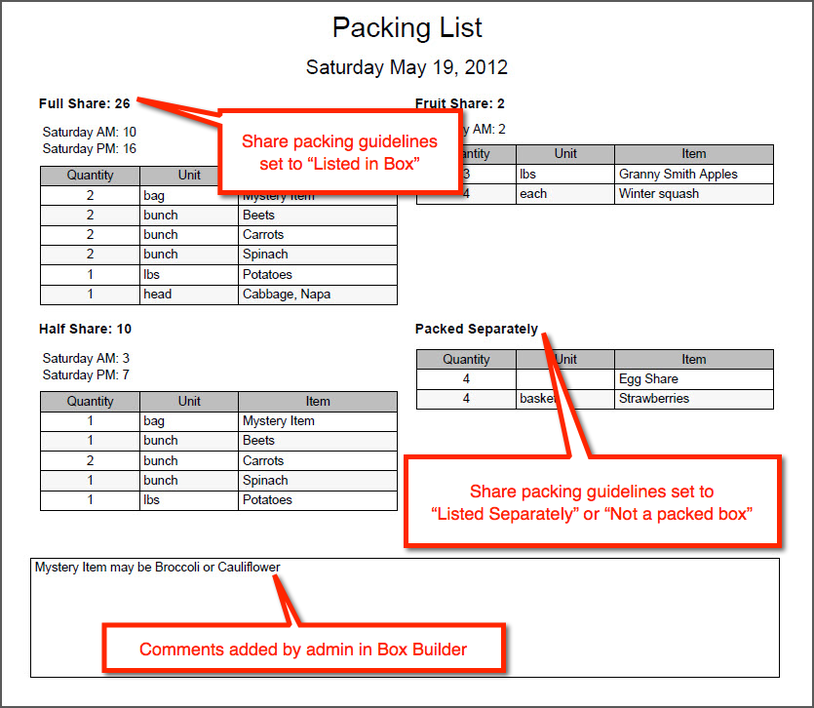 Example Packing Report showing shares, options, route totals, and separately packed items