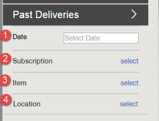 Past Deliveries filters on the Members page showing Date, Subscription, Item, and Location filters
