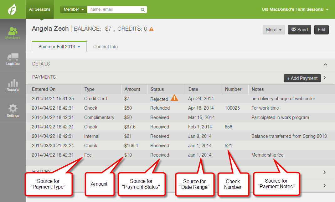 Member account page with the PAYMENTS section listing each recorded payment