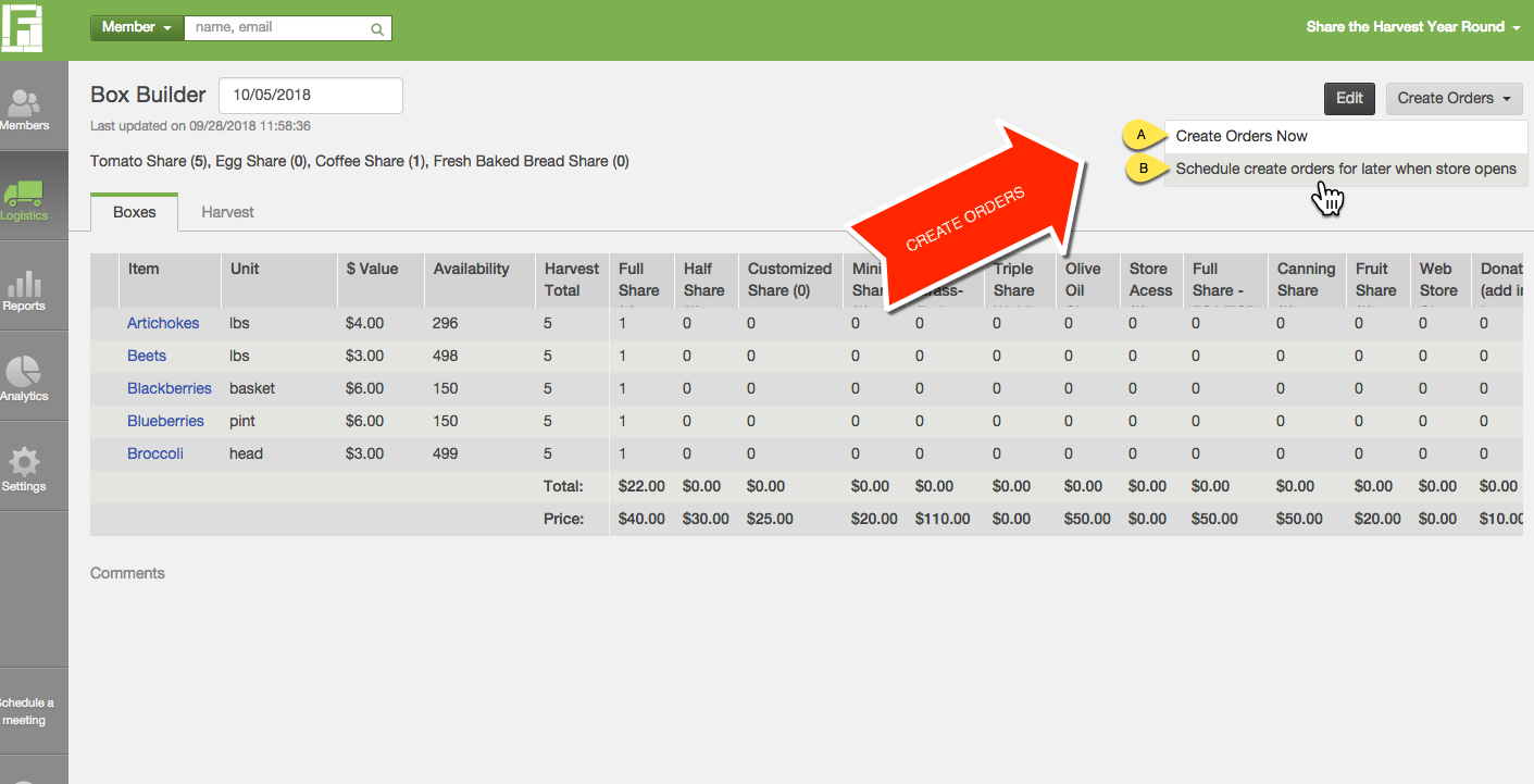Box Builder screen with delivery date selected and contents added to each box type