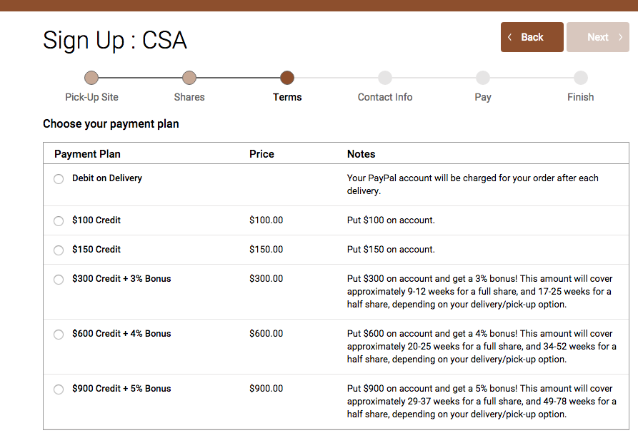 Payment plan selection during signup showing prepaid credit and debit on delivery options