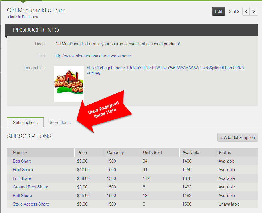 Producer detail view showing the subscriptions and store items assigned to the selected producer