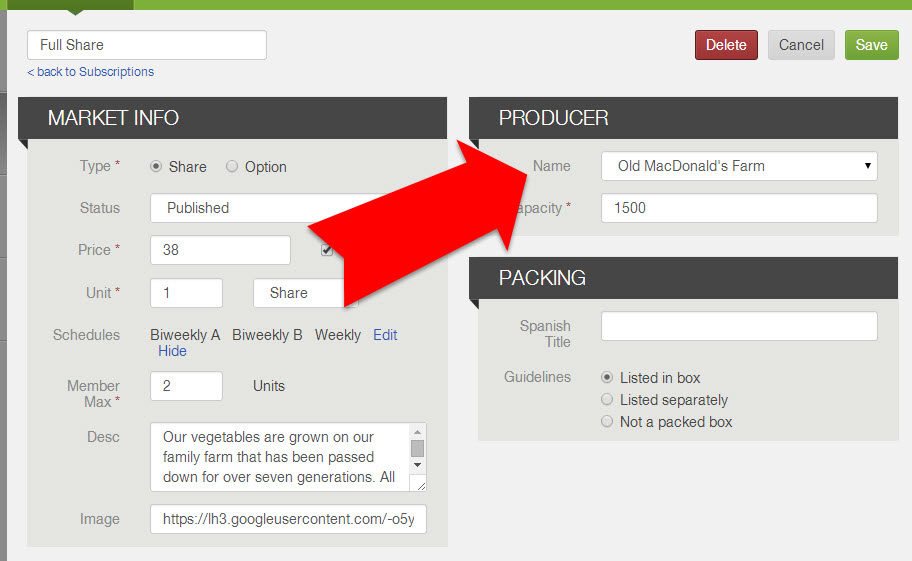 Item edit form with the producer field used to assign a producer to the item