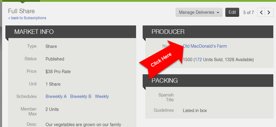 Item profile page showing the producer linked to that item