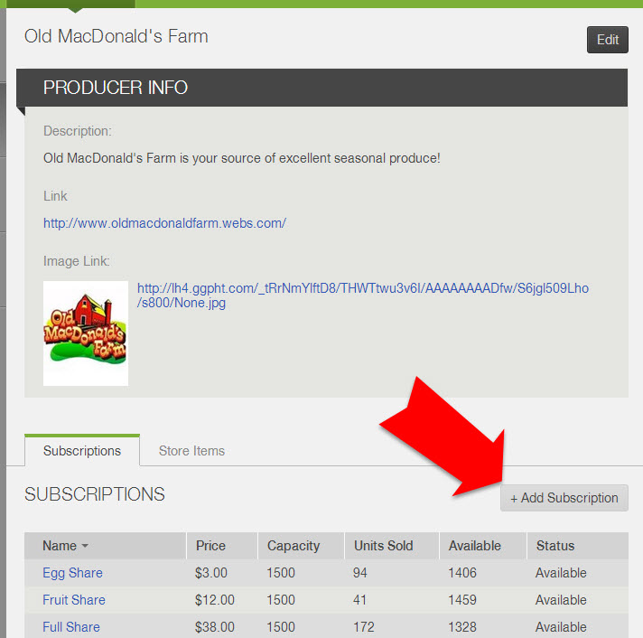 Producer profile listing associated subscriptions and store items with a plus sign to add more