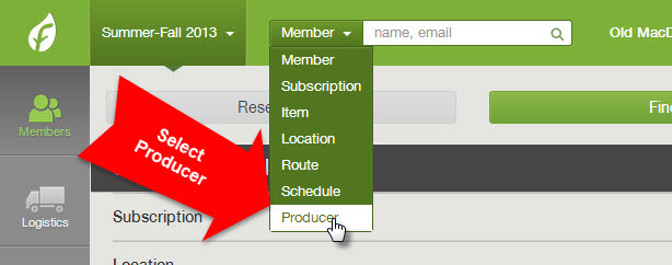 Dashboard search bar used to look up a producer by name