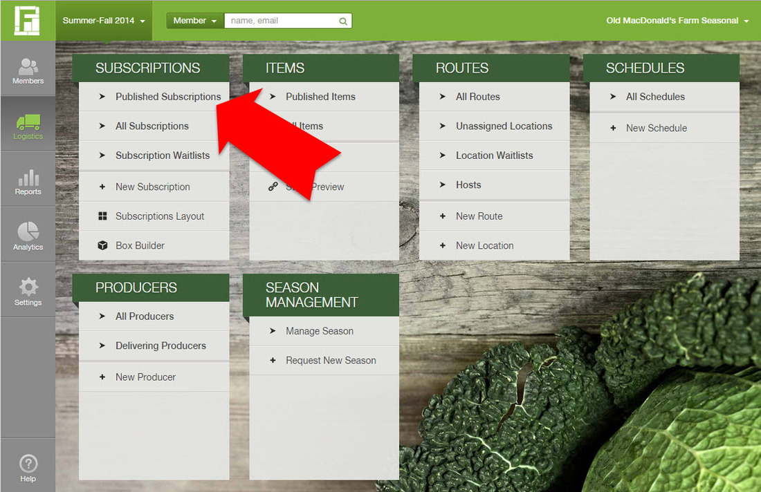 Logistics page with Published Subscriptions selected under the Subscriptions section