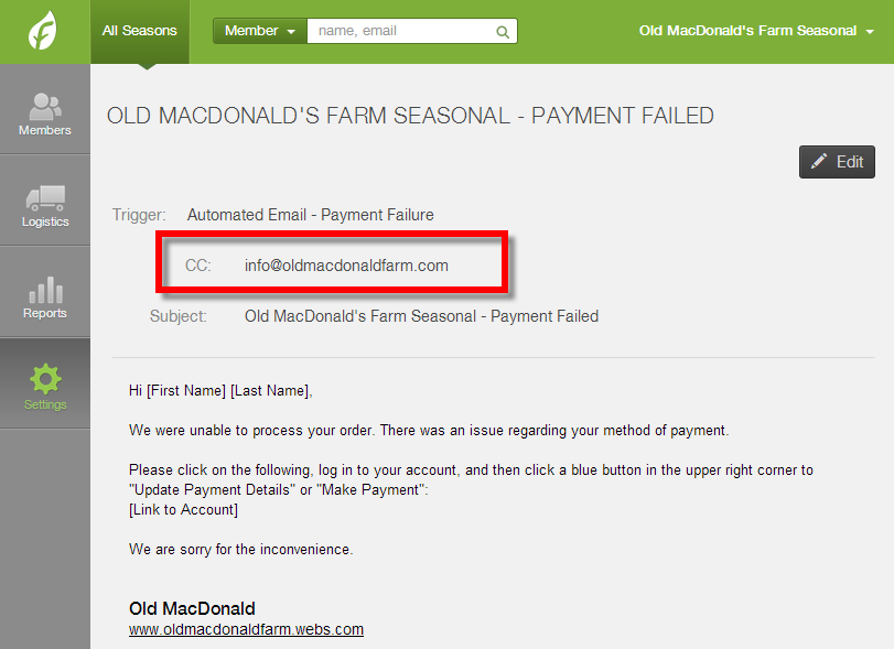 Automatic response email template for a Payment Failure with the CC field for admin email addresses