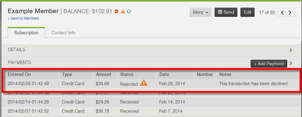Member payment list showing a payment with a Rejected status and an explanatory note