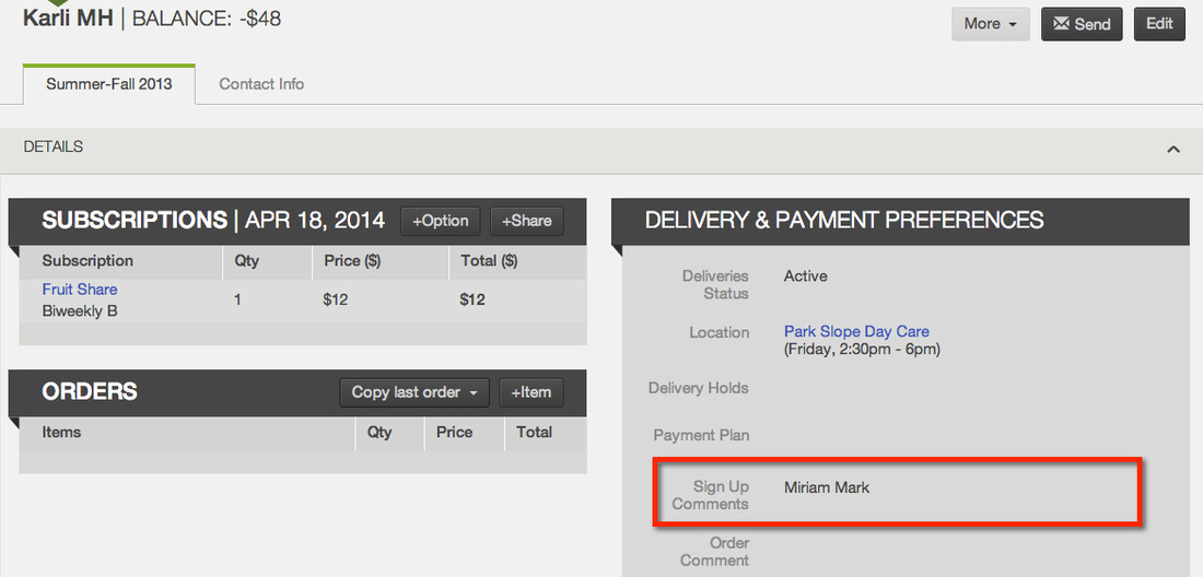 Sign up comment shown under Delivery and Payment Preferences on the member page