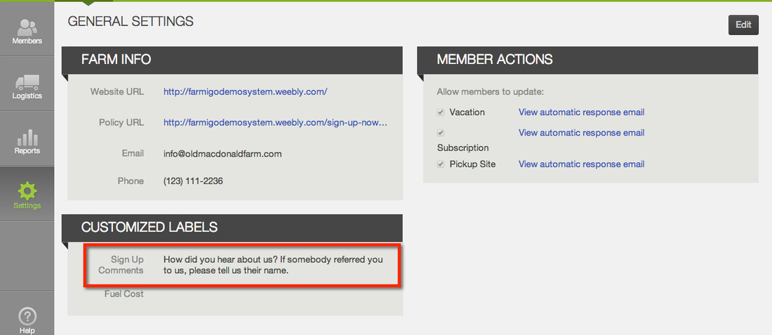 Customized Labels section in General Settings with the Sign Up Comments field