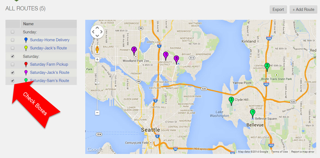 Routes manager map view with delivery day and route checkboxes controlling which pins appear on the map