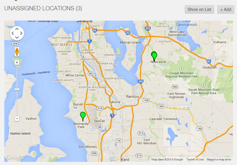 Map of unassigned locations displayed after clicking Show on Map