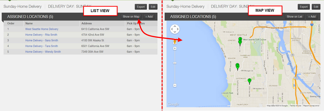 Route page showing the Show on Map button and the map of locations assigned to that route