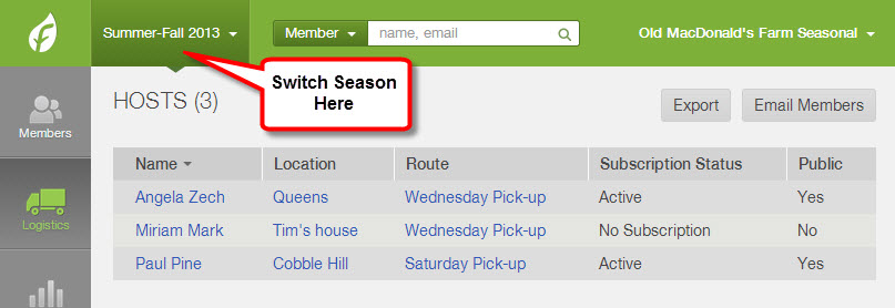 Hosts list for a season with Email Members and Export buttons in the upper right corner
