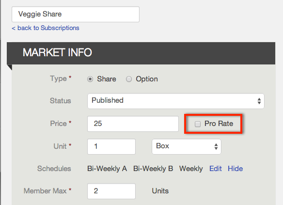 Subscription page Market Info section showing the Pro Rate setting