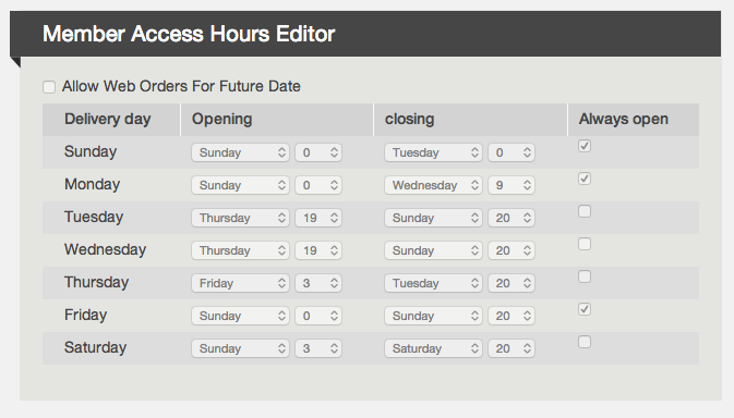 Member access hours editor chart with open and close times for each delivery day