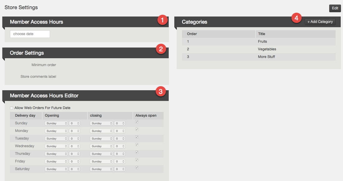 Store Settings page showing Member Access Hours and Order Settings