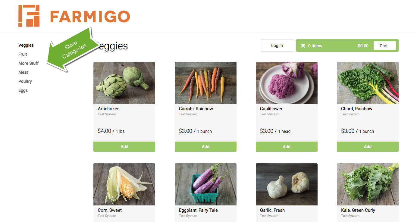 Webstore showing categories along the top of the store page
