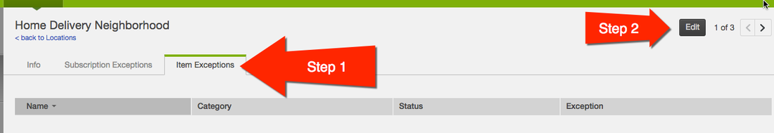 Item Exceptions tab on a location page with the Edit button selected