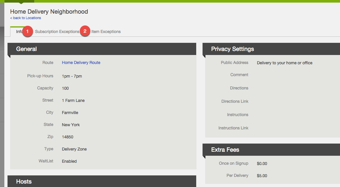Location page showing the Item Exceptions and Subscription Exceptions tabs