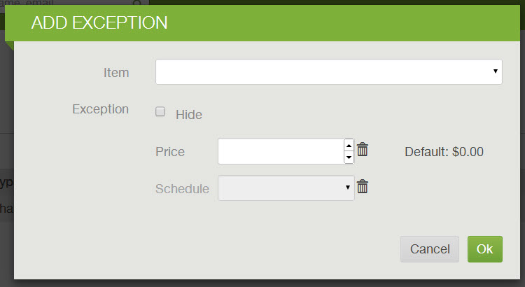 Add Exception window with hide, price and schedule exception fields