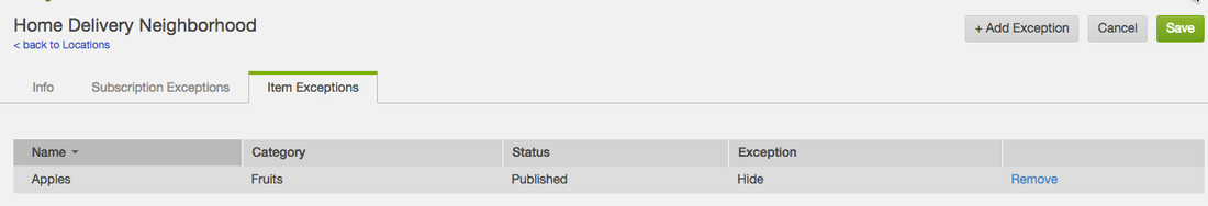Saved item exceptions listed on the location page