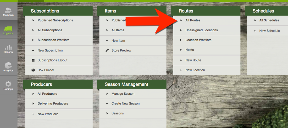 Logistics panel showing the list of delivery routes and locations in the Farmigo dashboard