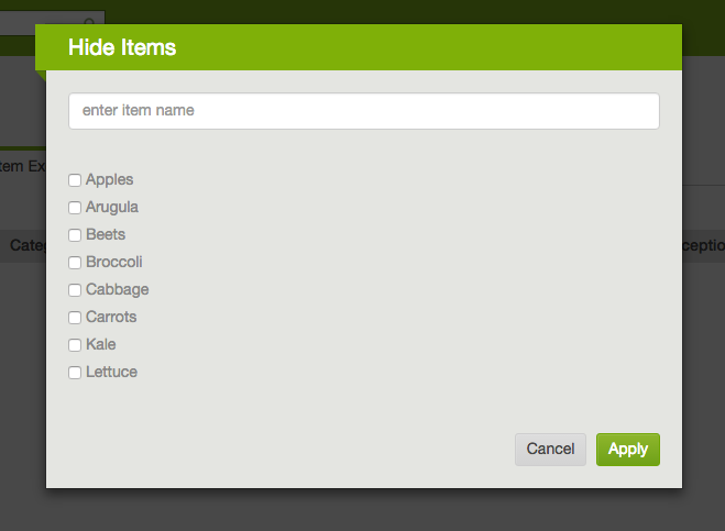 Item selection window for excluding items from a location