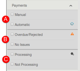Payments filter showing its three sections of options
