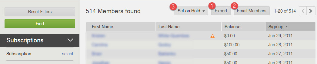 Export, Email Members and Set on Hold buttons above the filter results