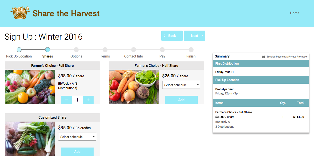 Sign-up page showing options limited to the same schedule as the chosen share