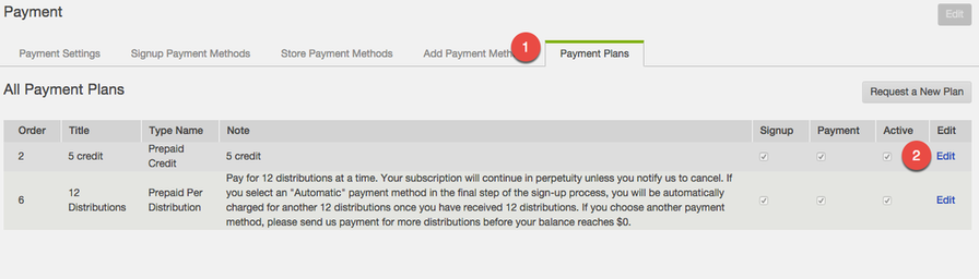 Payment Plans list with Edit button