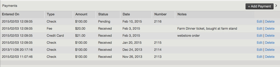 Payments section of a member account