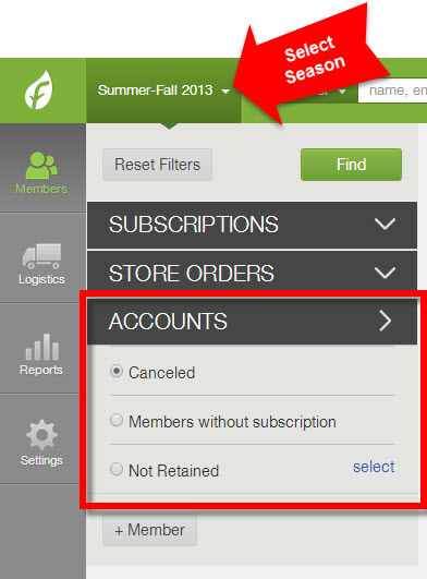 Accounts filter options on the Members page