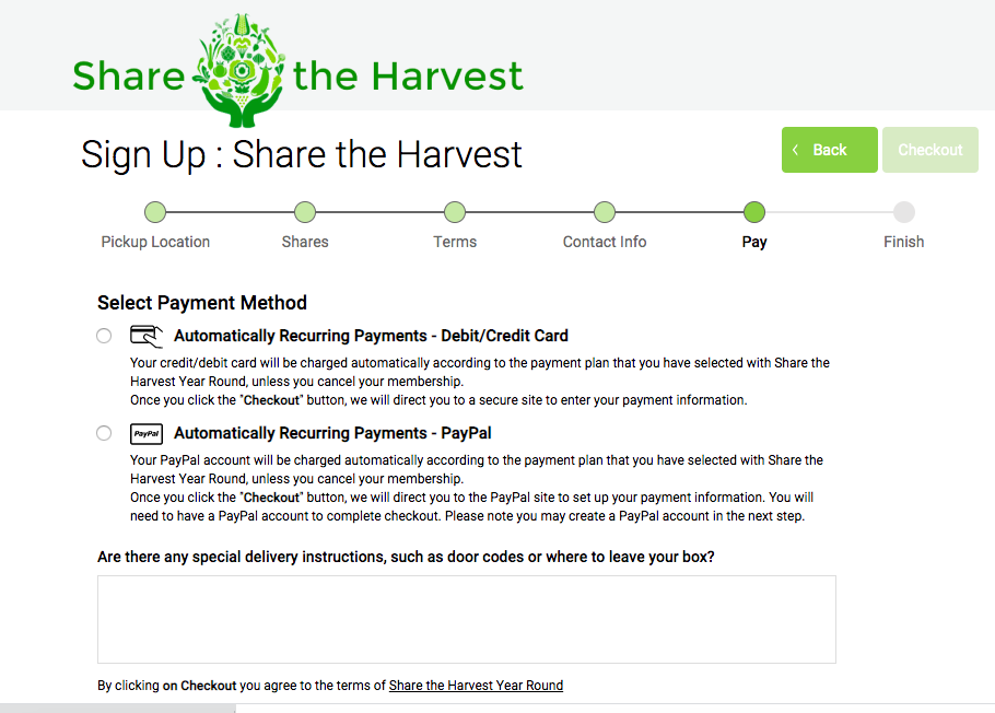 Sign-up checkout screen showing the terms and conditions link on the join page